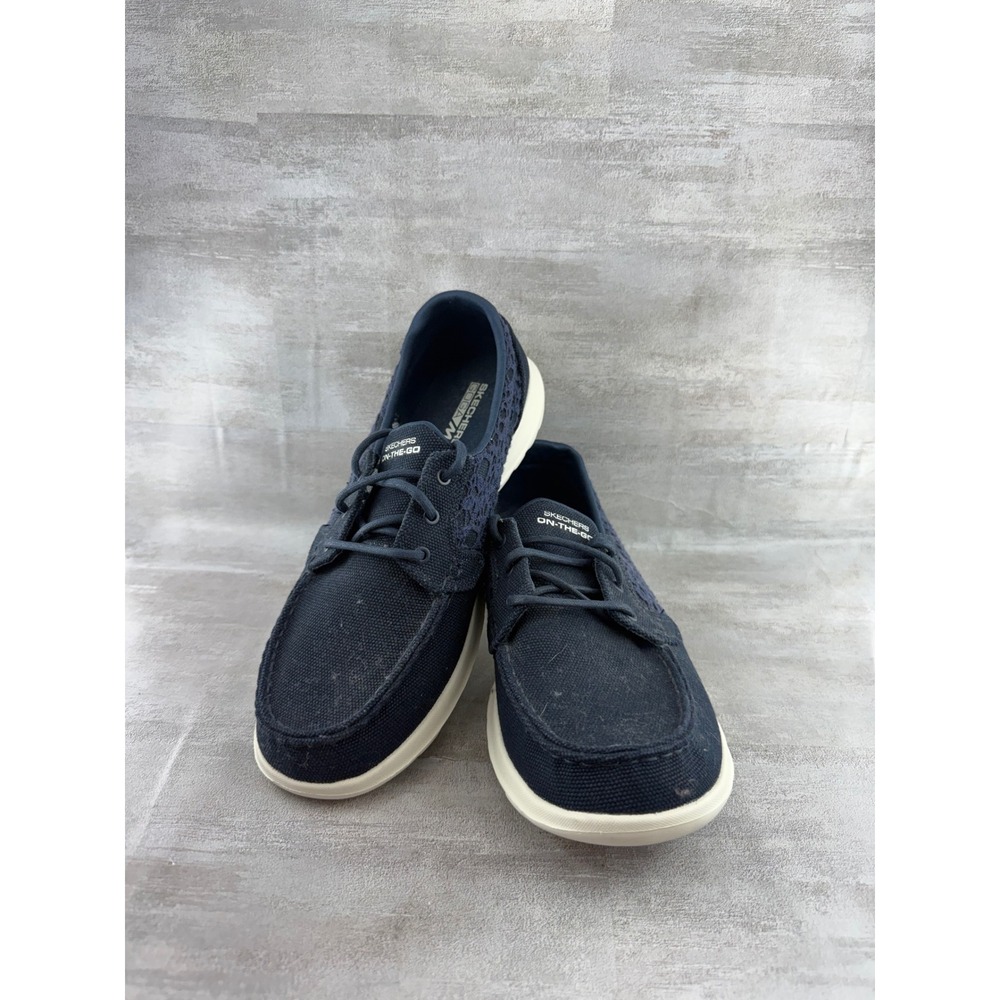 Skechers On-The-Go Women Sz 9.5 Navy Blue Lace Boat Shoes 15431 Goga Max Loafers